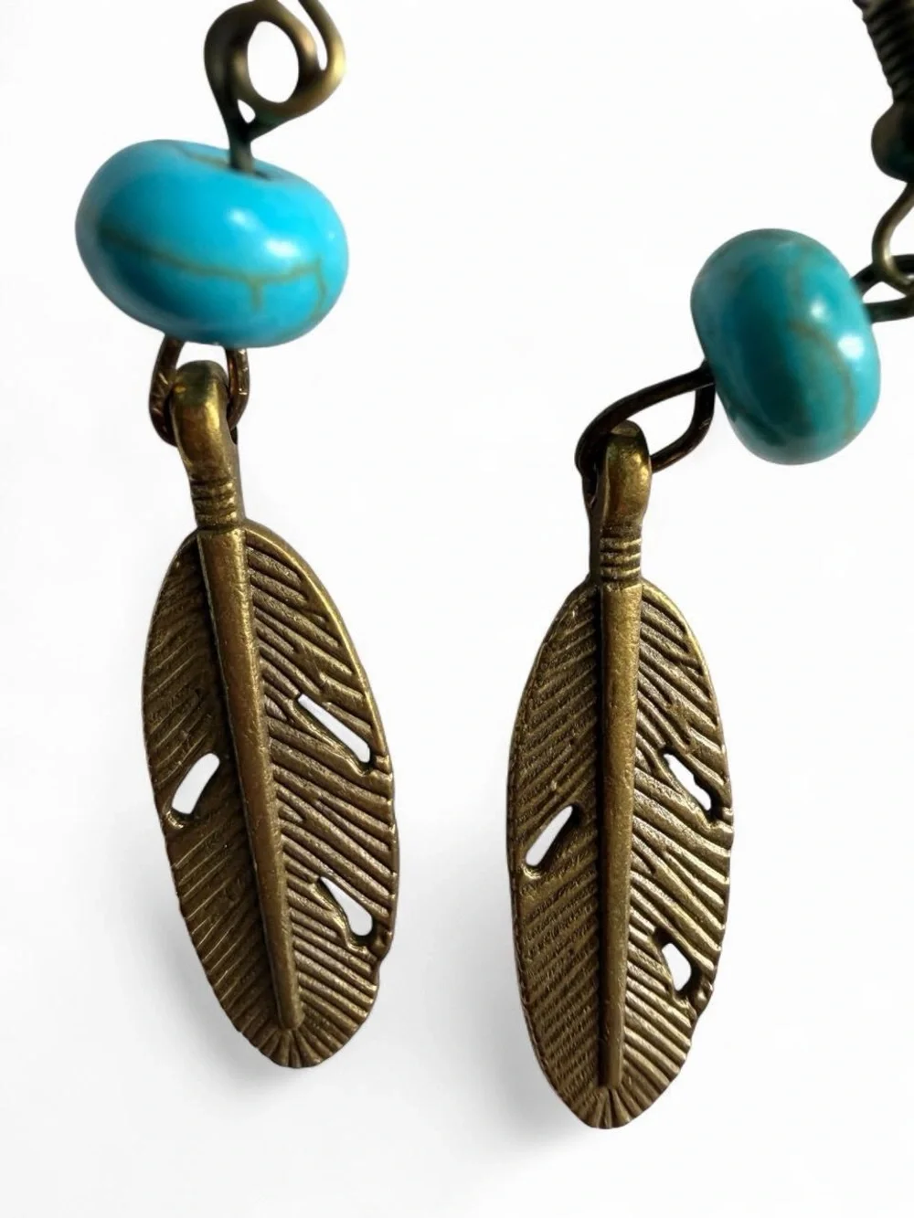 🪶 NWT Handmade Antique Bronze Feather & Turquoise Earrings - Picture 3 of 5